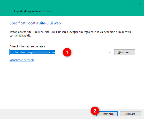 Introducerea adresei de internet sau din rețea (locație FTP)