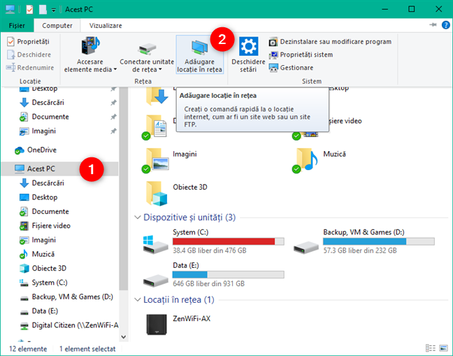 Butonul Adăugare locație în rețea din Explorer