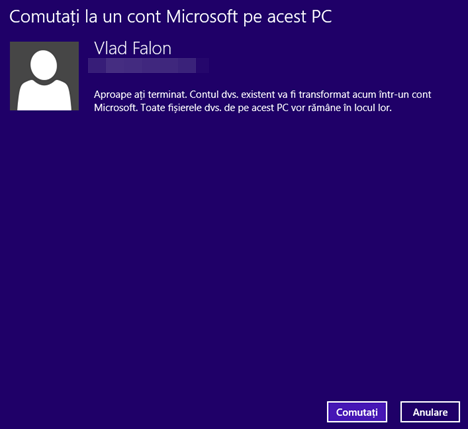 Windows 8.1, Setari PC, transforma, cont local, cont Microsoft