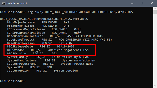 Află versiunea și data de BIOS folosind reg query