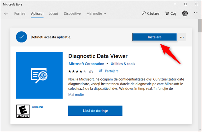 Instalarea aplicației Vizualizator date diagnosticare din Magazinul Microsoft