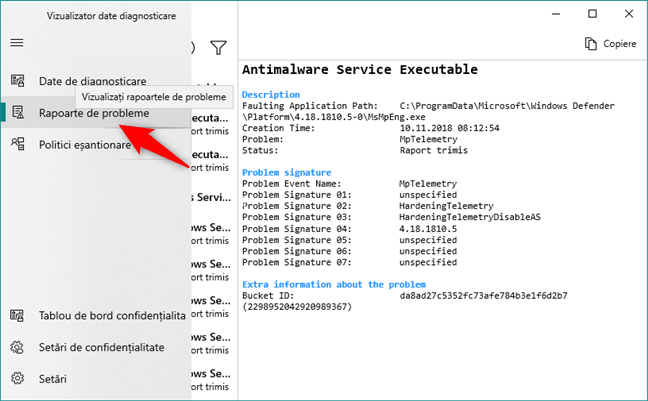 Vizualizarea rapoartelor de probleme trimise de Windows 10 la Microsoft