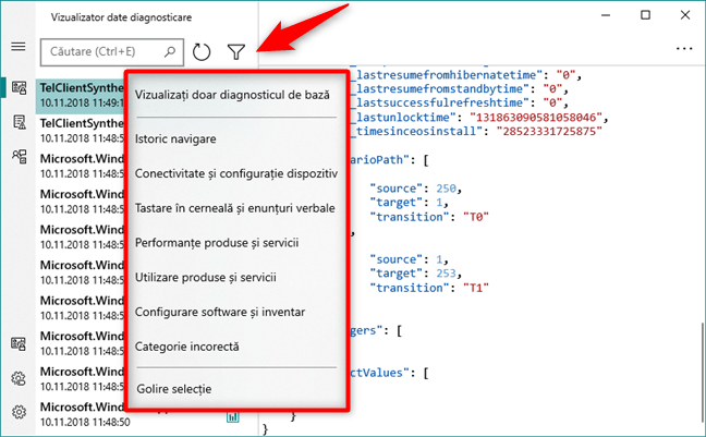 Filtrarea informațiilor de diagnostic din Windows 10, în diverse categorii