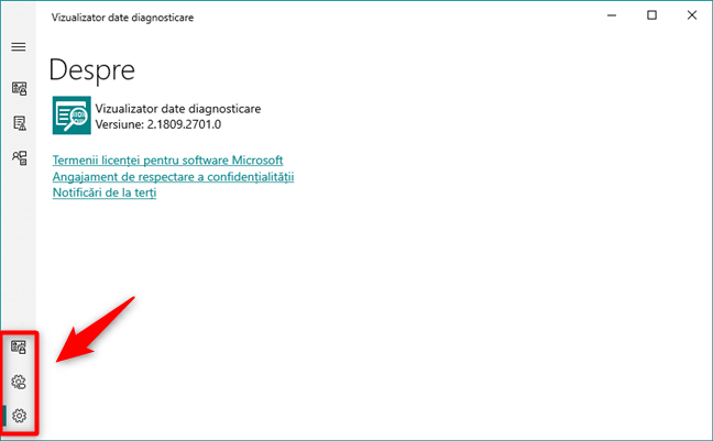 Pagina de Setări ai aplicației Vizualizator date diagnosticare din Windows 10