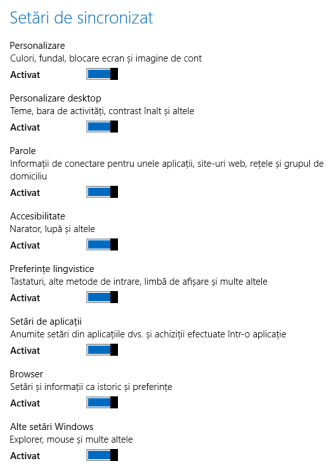 Windows 8, Setări PC, sincronizare, setări, comutatoare, activare, dezactivare