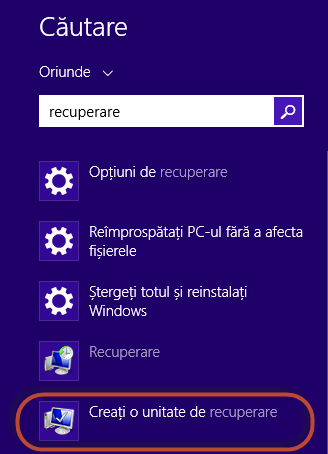 Recuperare sistem, memorie flash USB, unitate recuperare, creator medii de recuperare, Windows 8, Windows 8.1