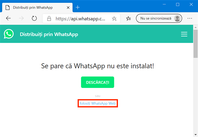 Apasă pe link pentru a folosi WhatsApp Web