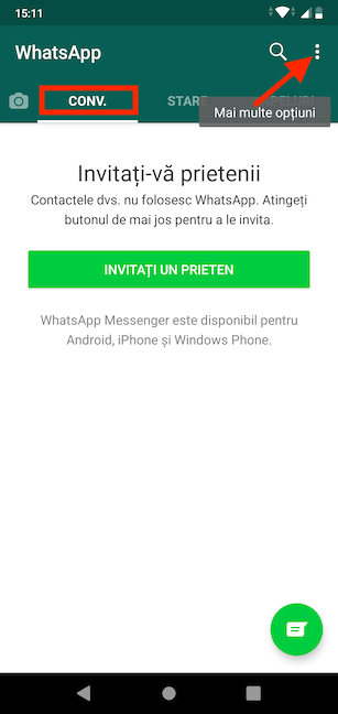 Accesează Mai multe opțiuni în WhatsApp pe Android