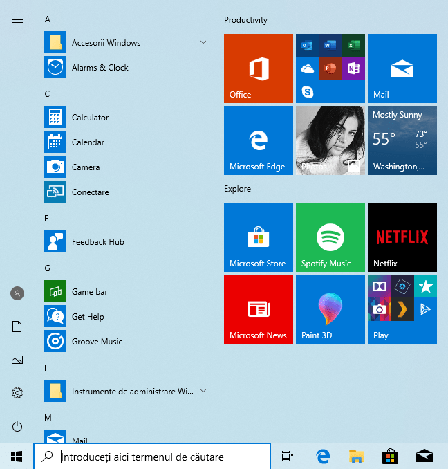 Meniul Start din Windows 10 May 2019 Update
