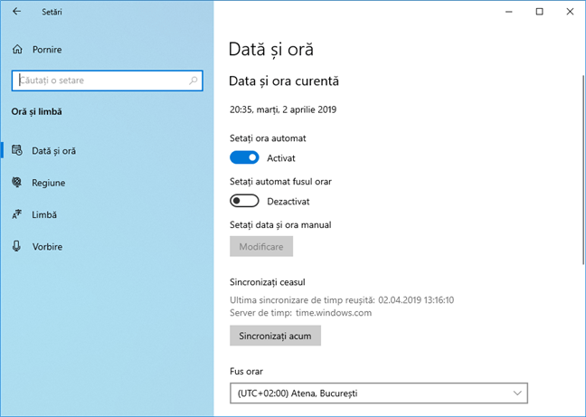 Sincronizare ceas în Windows 10 May 2019 Update