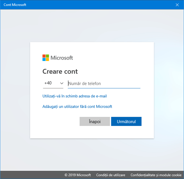 Crearea unui cont Microsoft doar cu un număr de telefon