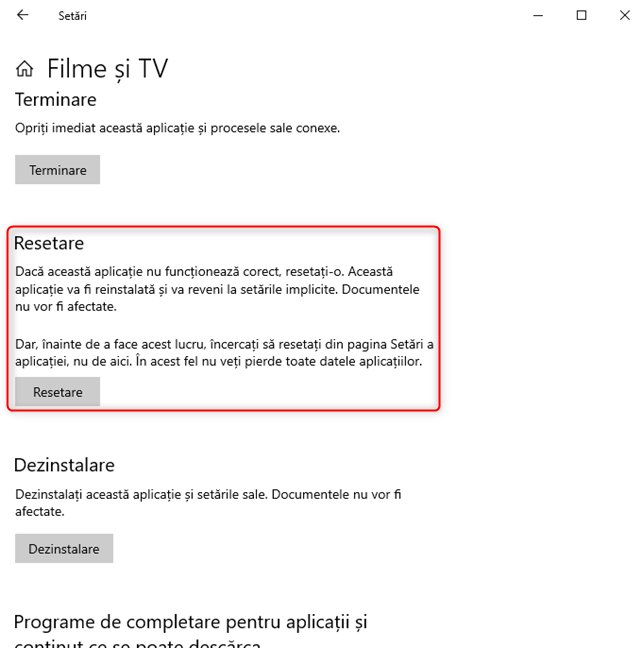 Secțiunea Resetare pentru o aplicație din Windows 10
