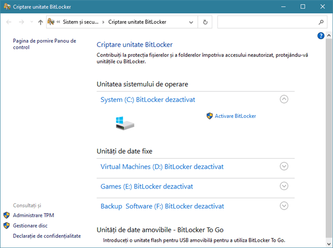 Fereastra Criptare unitate cu BitLocker din Panoul de control