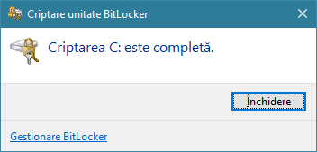 Criptarea partiției de sistem cu BitLocker este finalizată