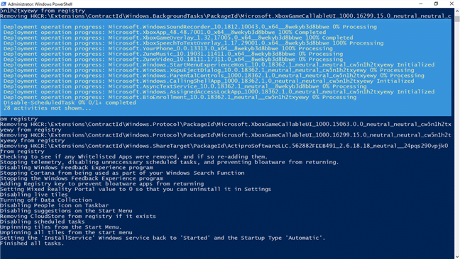 Scripturile de eliminare a bloatware-ului sunt rulate în PowerShell