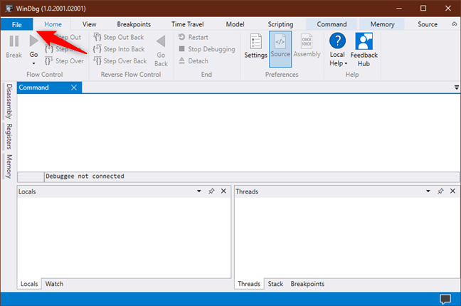 Butonul File (Fișier) din WinDbg Preview