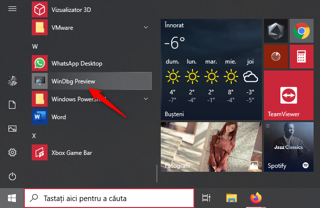 Scurtătura WinDbg Preview din Meniul Start