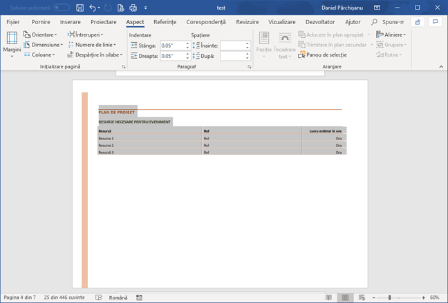 O pagină separată cu orientare tip vedere într-un document Microsoft Word