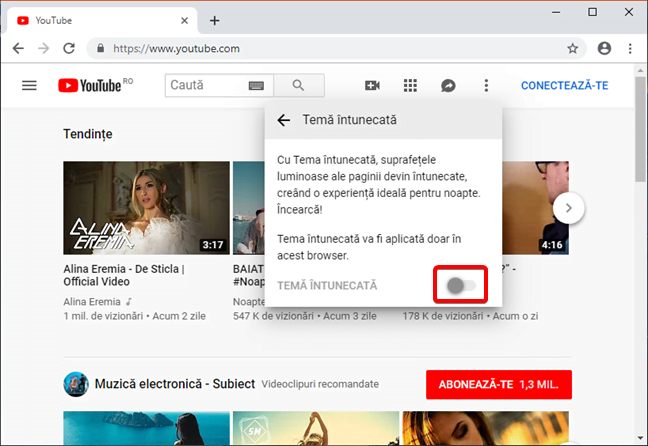 Activează Tema întunecată în YouTube pentru Windows