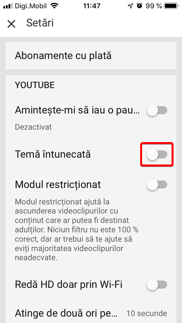 Activează Tema întunecată în YouTube pentru iOS