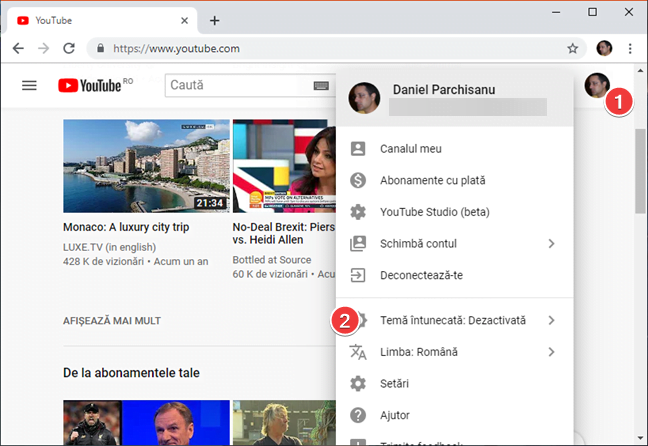 Deschide meniul Cont din YouTube în browserul tău