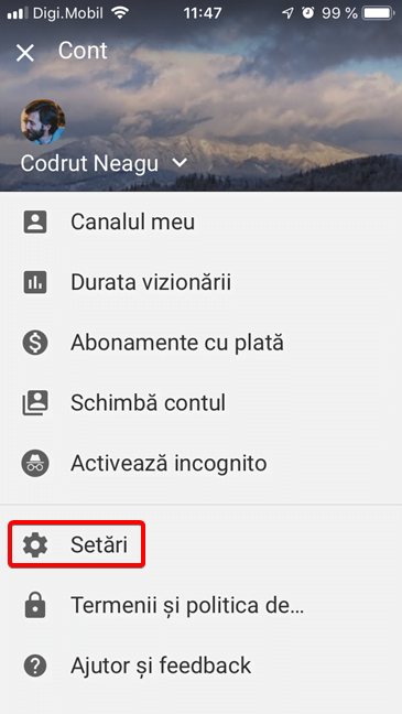 Deschide Setări în aplicația YouTube pentru iOS