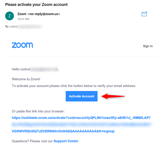 E-mailul Zoom Activate Account