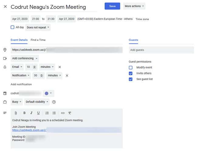 Adăugarea ședinței Zoom programate în Google Calendar