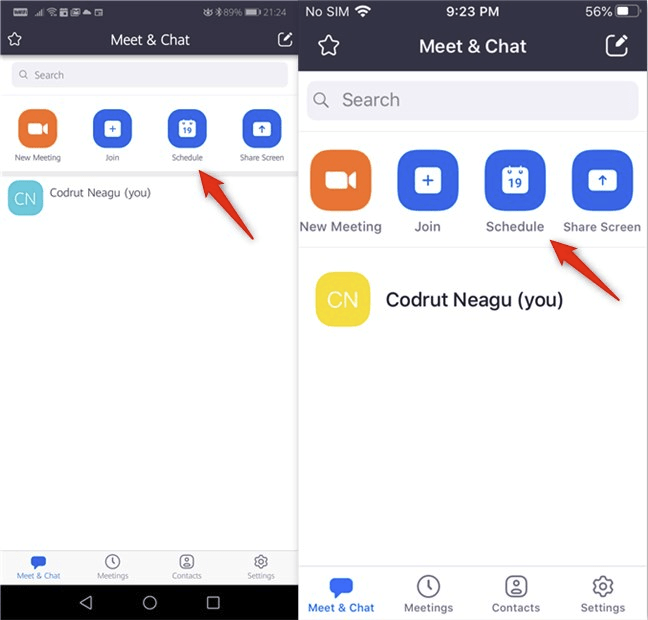 Butonul Schedule (Programare) din aplicațiile Zoom pentru Android și iOS