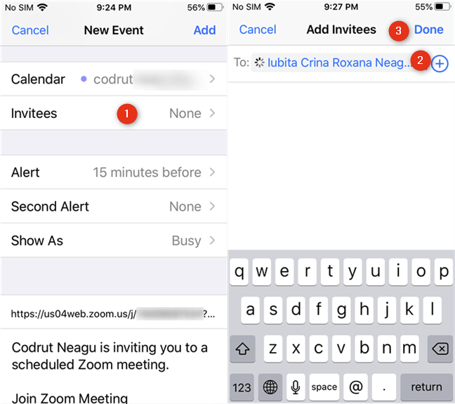 Transmiterea de invitații la ședința Zoom programată, de pe un iPhone
