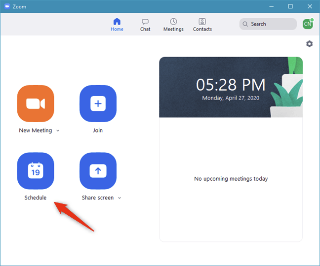 Butonul Schedule din aplicația Zoom