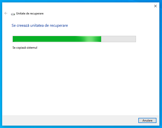 Crearea unitÄƒÈ›ii de recuperare USB poate dura mult timp