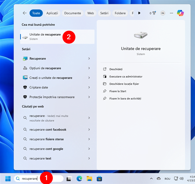 CÄƒutare Unitate de recuperare Ã®n Windows 11