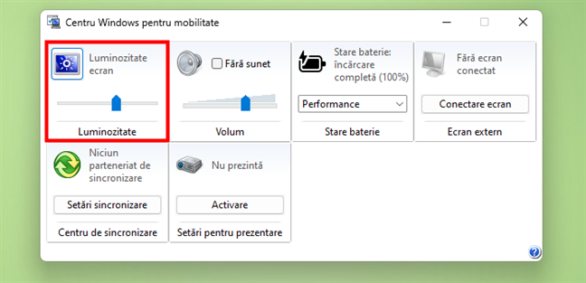 Trage comutatorul Luminozitate spre stÃ¢nga sau spre dreapta pentru a modifica luminozitatea ecranului