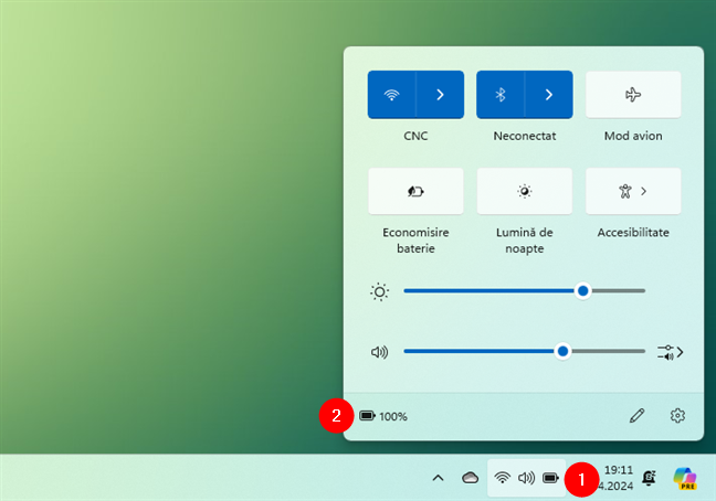 ApasÄƒ pe pictograma baterie din bara de sistem, iar apoi pe pictograma cu procentul bateriei