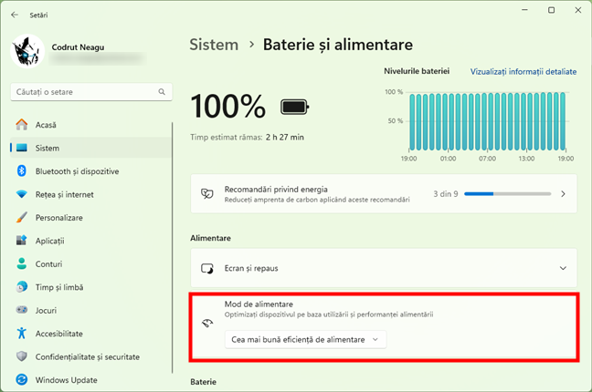 ActiveazÄƒ modul Cea mai bunÄƒ eficienÈ›Äƒ de alimentare