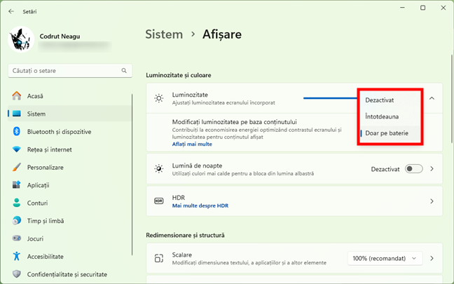 Alege cÃ¢nd se modificÄƒ luminozitatea pe baza conÈ›inutului