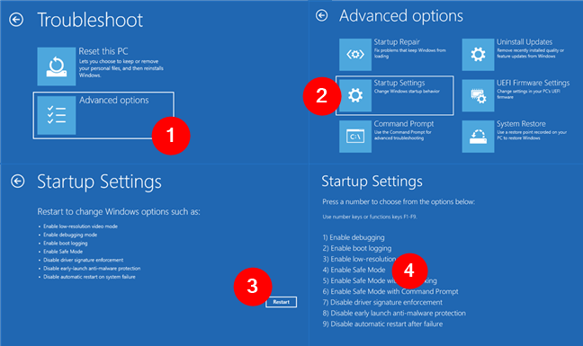 AcceseazÄƒ Advanced options > Startup Settings > Restart > Enable Safe Mode