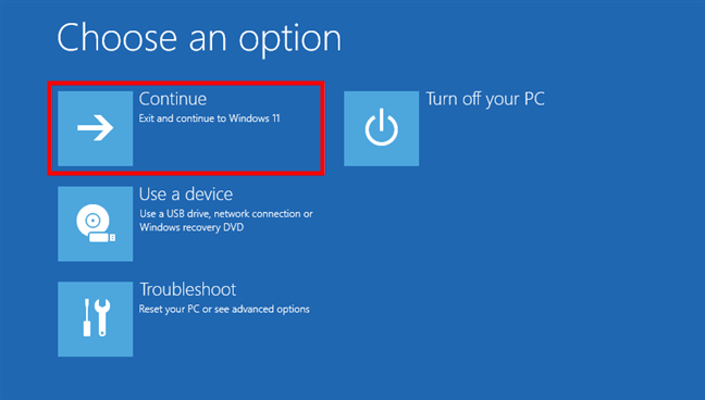 Alege Continue pentru a porni Windows 11 Ã®n Safe Mode