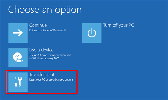 Alege Troubleshoot pentru a ajunge la opÈ›iunile Safe Mode din Windows 11