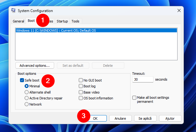 PorneÈ™te Ã®n Safe Mode folosind System Configuration (msconfig)