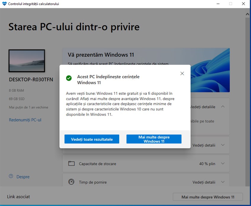 Acest PC Ã®ndeplineÈ™te cerinÈ›ele Windows 11