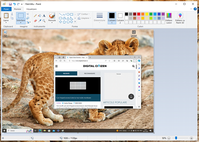 Screenshot al Ã®ntregului ecran, lipit Ã®n Paint Ã®n Windows 10