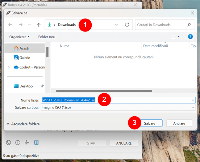 Alege unde vrei sÄƒ salvezi fiÈ™ierul ISO cu Windows 11