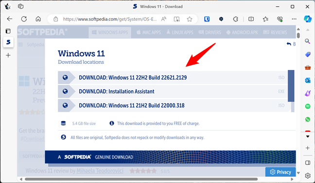 Pagina de descÄƒrcÄƒri cu Windows 11 de la Softpedia