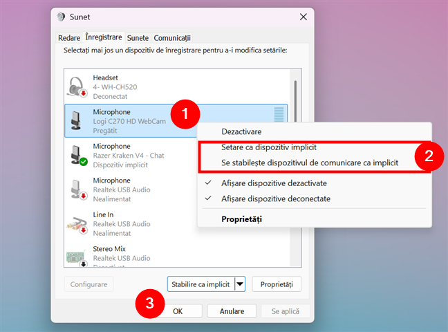 FoloseÈ™te meniul contextual pentru a seta microfonul implicit Ã®n fereastra Sunet