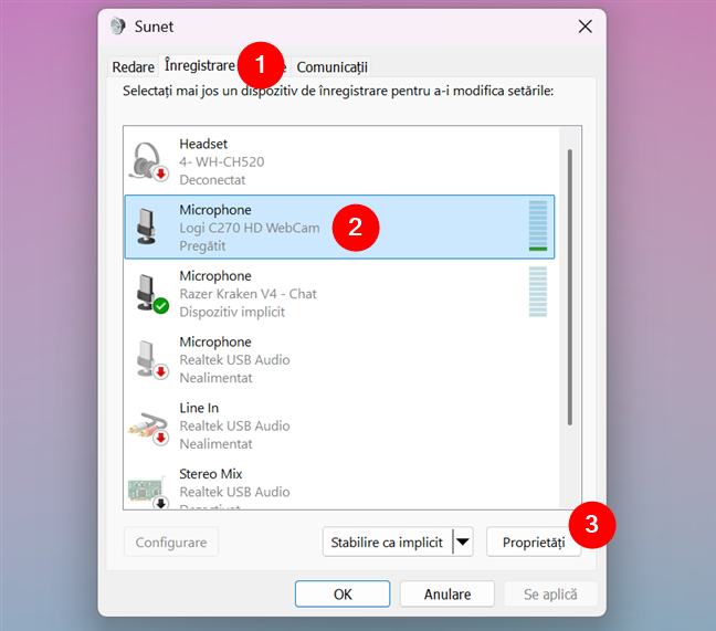 DacÄƒ microfonul tÄƒu nu funcÈ›ioneazÄƒ, deschide ProprietÄƒÈ›i
