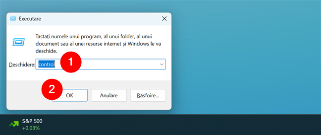 Deschide Panoul de control folosind fereastra Executare