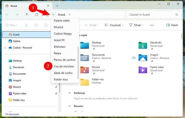 AcceseazÄƒ CoÈ™ul de reciclare Ã®n Windows 11 folosind meniul mai mare din File Explorer