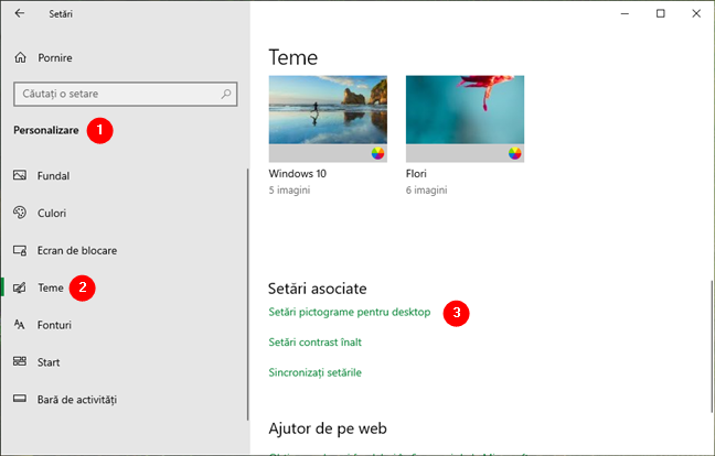 ÃŽn Windows 10, acceseazÄƒ SetÄƒri > Personalizare > Teme > SetÄƒri pictograme pentru desktop